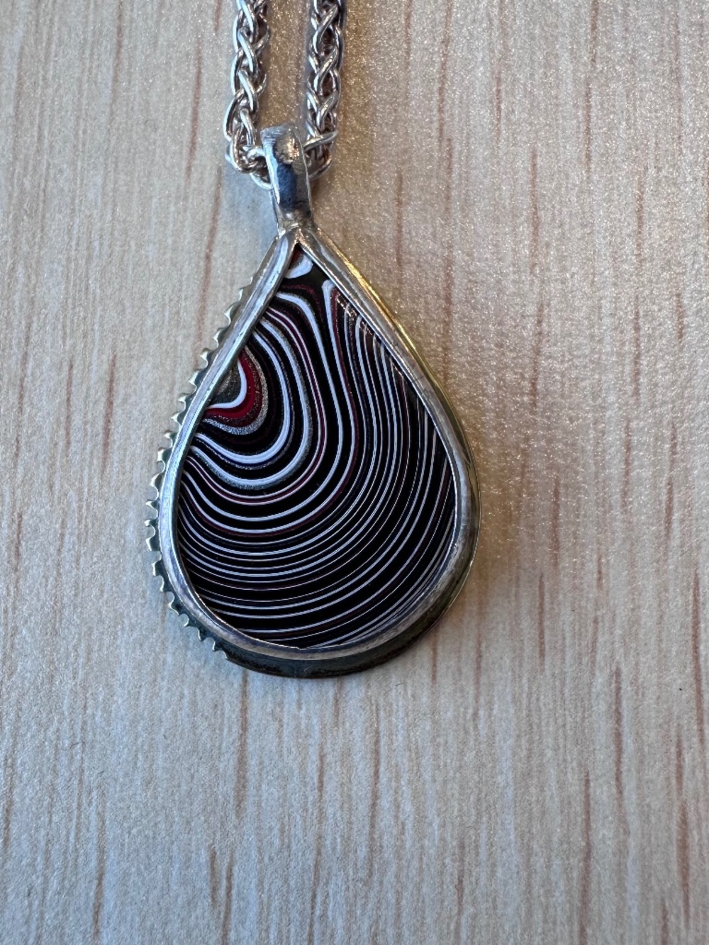 Sterling Silver 925 Fordite Pendant Necklace Teardrop Vintage Motor Agate Unique